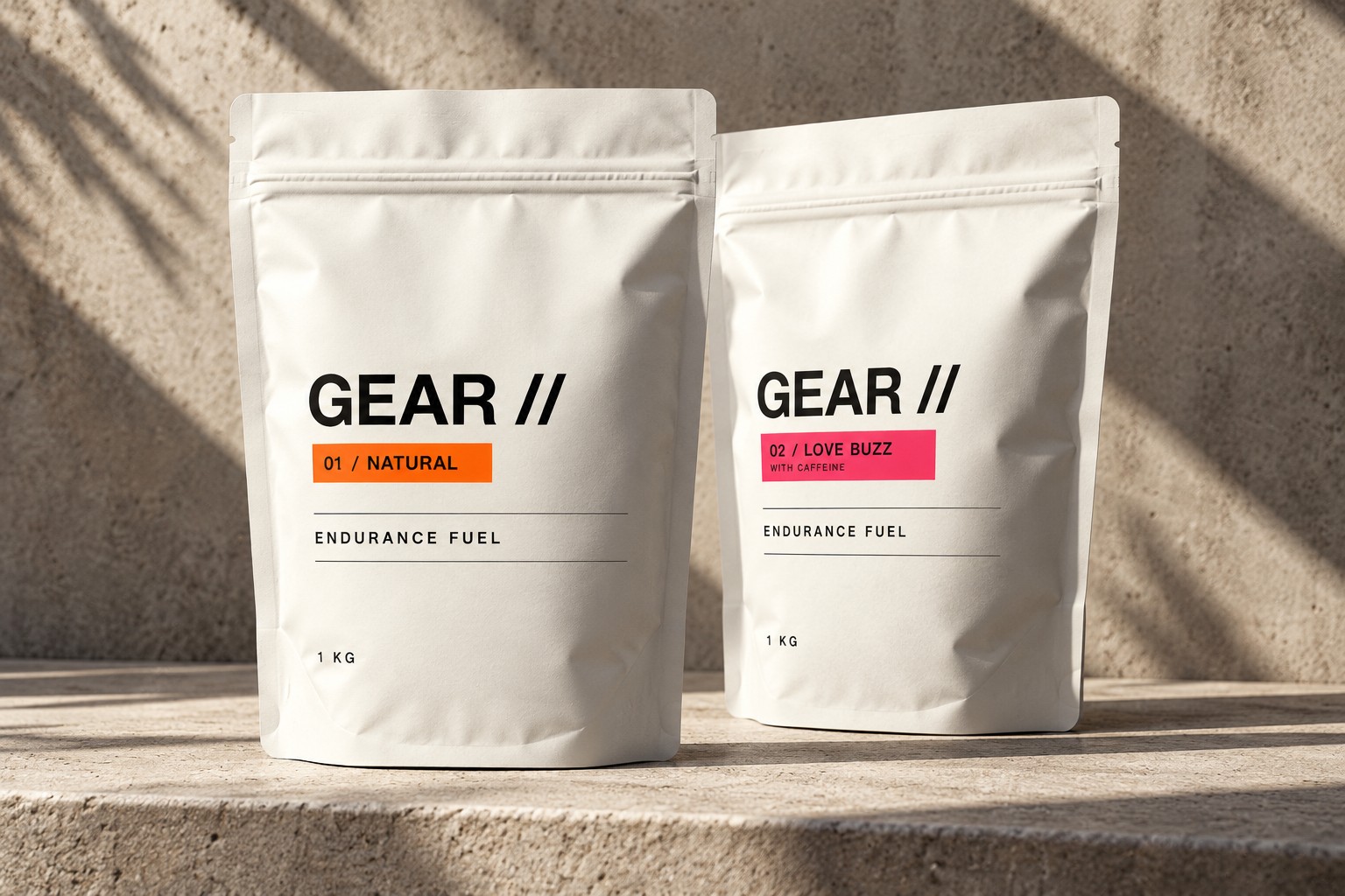 GEAR Natural and Love Buzz matte white pouch packaging concepts
